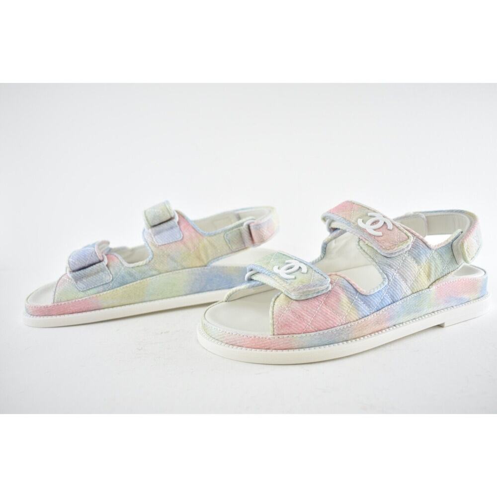 Chanel 22C Green Pink Blue White CC Logo Mule Slide Strap Flat Dad Sandal 35 - Picture 10 of 12